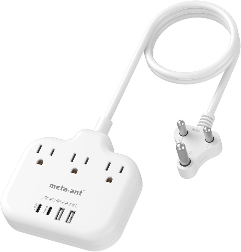meta-ant South Africa Plug Adapter, Type M Adapter for South Africa with 3 AC Outlets & 4 USB Ports(2 USB C) 15.5W, 3FT Extension Cord, Africa Travel Essentials for USA to South Africa Namibia Nepal Malaysi - Image 1